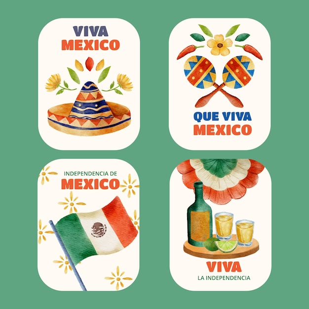 Free vector flat labels collection for mexico independence celebration