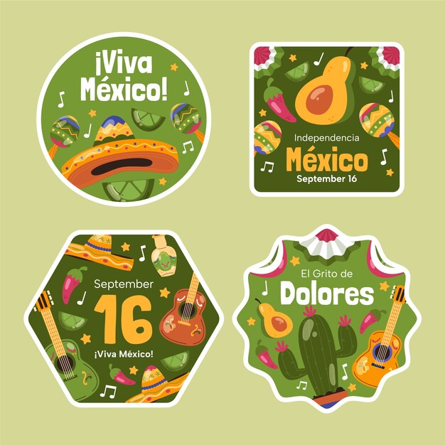 Flat labels collection for mexico independence day celebration