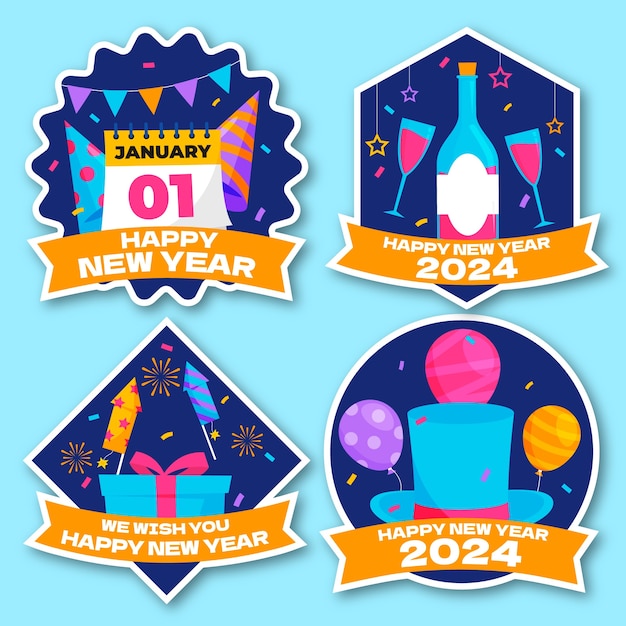 Flat labels collection for new year 2024 celebration