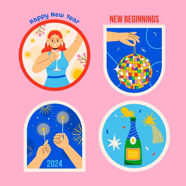 Flat labels collection for new year 2024 celebration