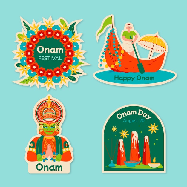 Free vector flat labels collection for onam festival celebration