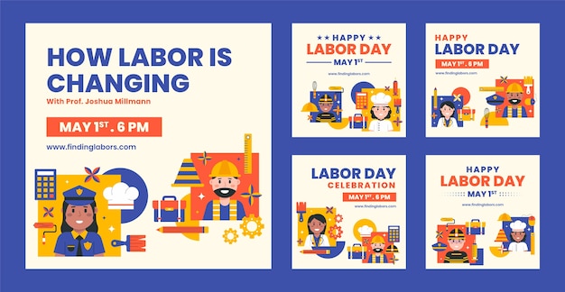 Free vector flat labor day instagram posts collection