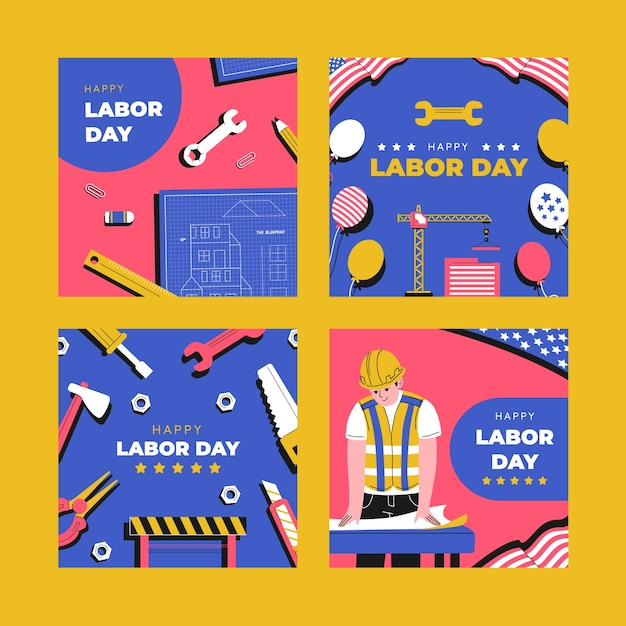 Free vector flat labor day instagram posts collection