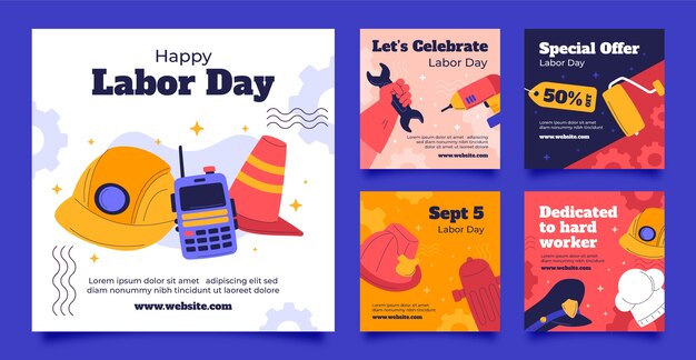 Vettore gratuito collezione di post instagram flat labor day