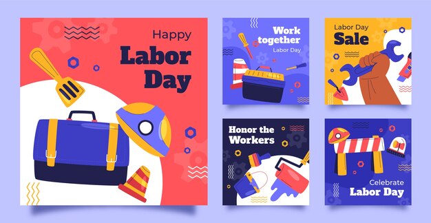 Flat labor day instagram posts collection
