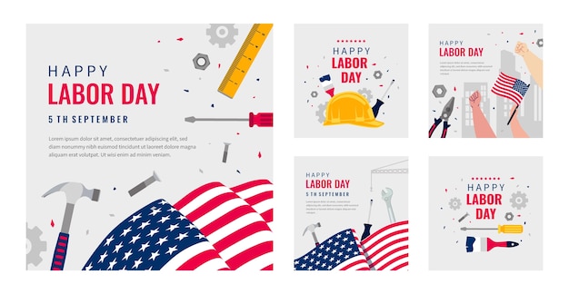 Vettore gratuito collezione di post instagram flat labor day