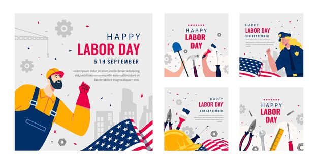 Flat labor day instagram posts collection