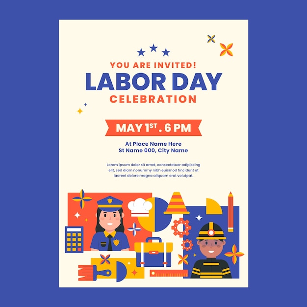 Flat labor day invitation template