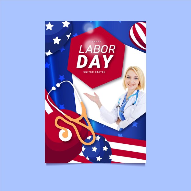 Flat labor day sale vertical poster template with photo