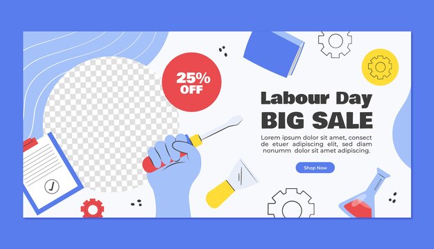 Flat labour day horizontal sale banner template