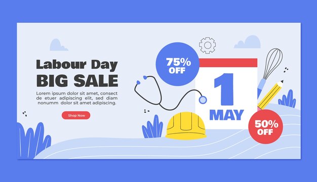 Flat labour day horizontal sale banner template