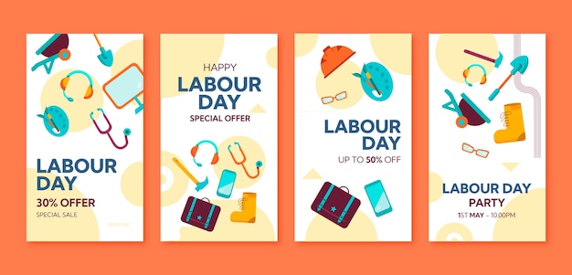 Free vector flat labour day instagram stories set