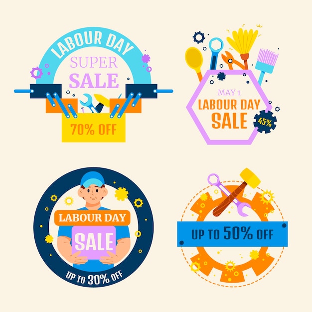 Free vector flat labour day sale labels collection