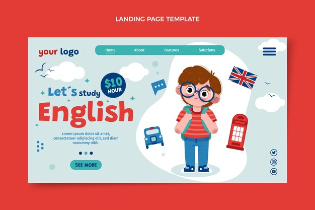 Flat landing page for english learning lessons