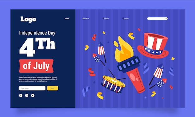 Flat landing page template for american 4th of july holiday celebration