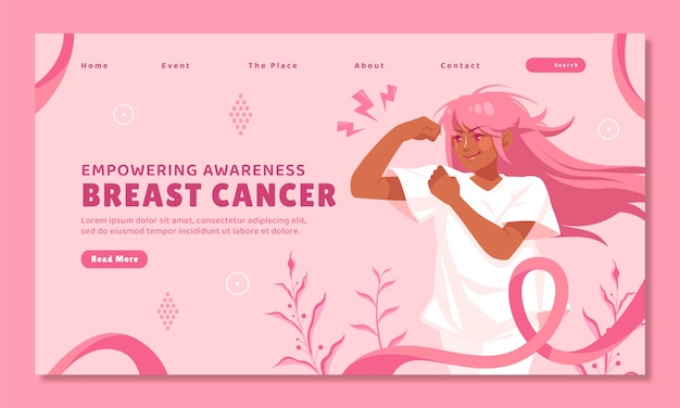 Modello di pagina di destinazione piatto per il mese della consapevolezza del cancro al seno