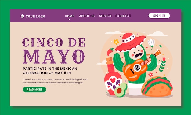 Плоский шаблон целевой страницы для празднования Cinco de Mayo