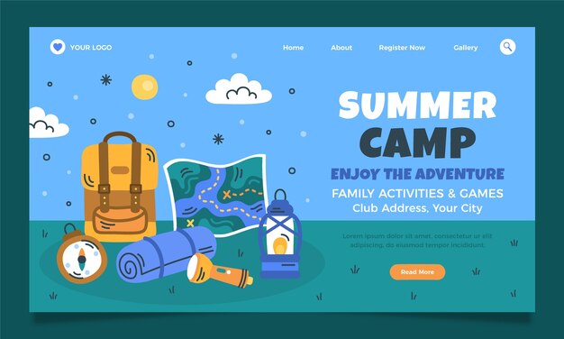 Бесплатное векторное изображение Шаблон плоской целевой страницы для кемпинга