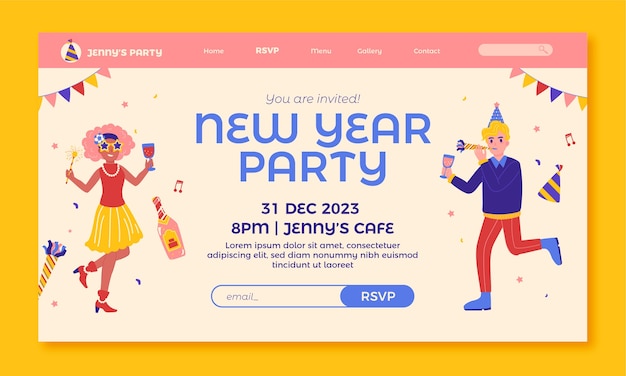 無料ベクター 新年パーティー用のフラットランディングページテンプレート
