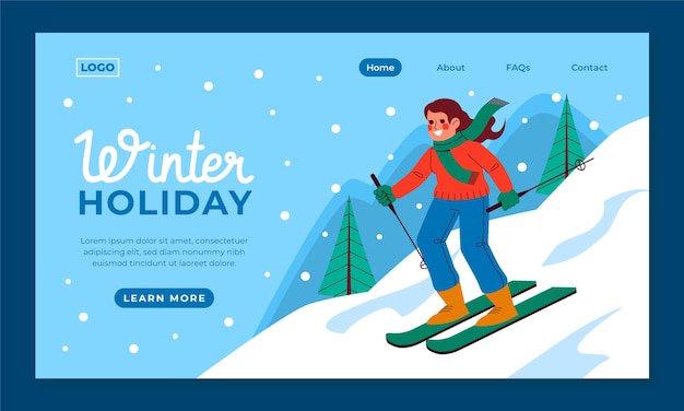 Бесплатное векторное изображение Плоский шаблон целевой страницы для зимнего сезона с женщиной, катающейся на лыжах