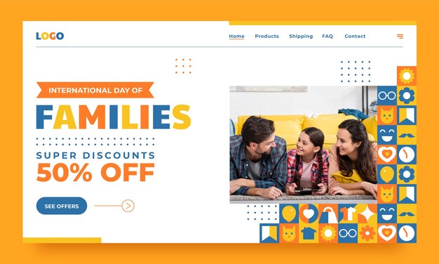 Flat landing page template for international day of families celebration