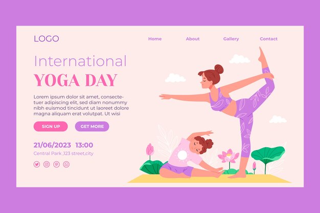 Flat landing page template for international yoga day celebration