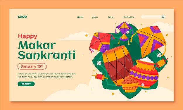 Flat landing page template for makar sankranti festival celebration