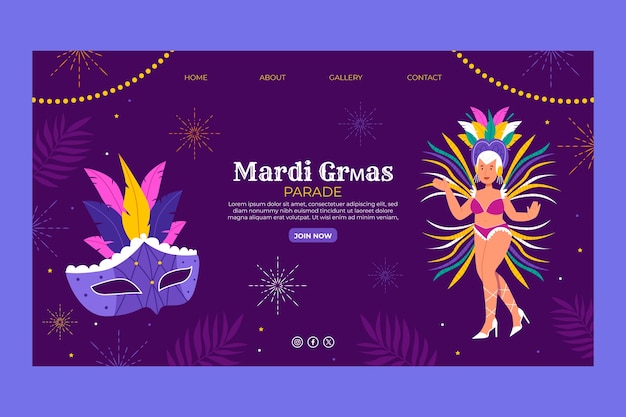 Free vector flat landing page template for mardi gras festival