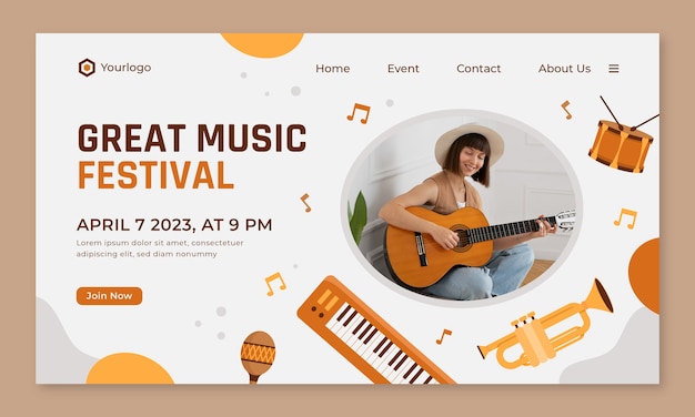 Free vector flat landing page template for music festival