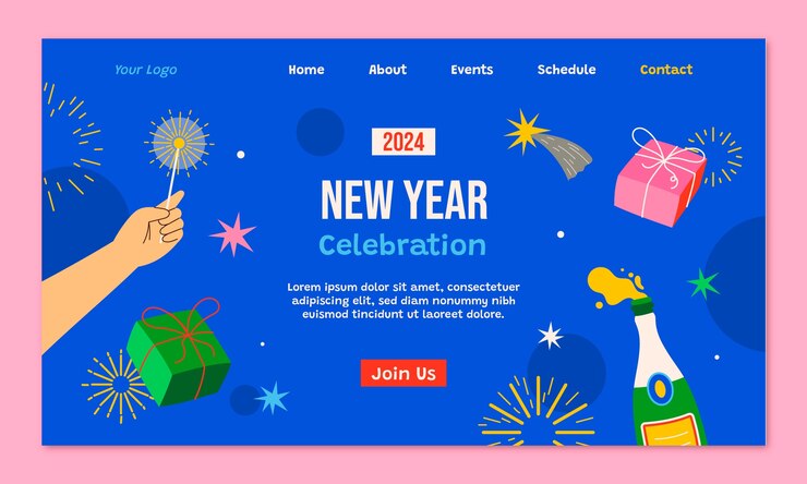 免費 Vector 登陸頁模板 - 為新年2024慶祝而設的平坦登陸页模板