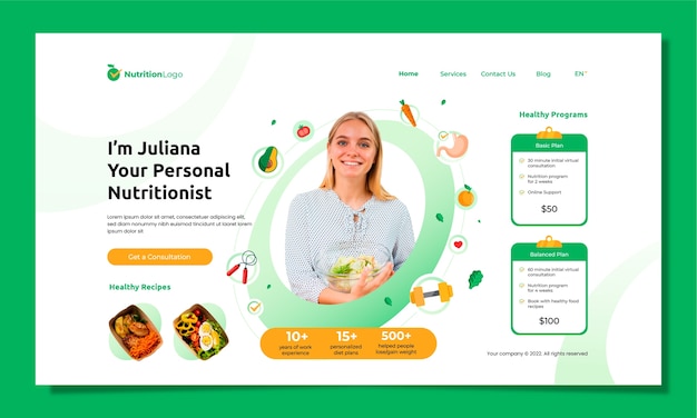 Free vector flat landing page template for nutritionist