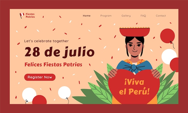 Vettore gratuito modello di pagina di destinazione piatta per le celebrazioni delle feste peruviane patrias