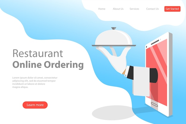 Flat landing page template of table online reservation, mobile booking, food ordering and delivery.