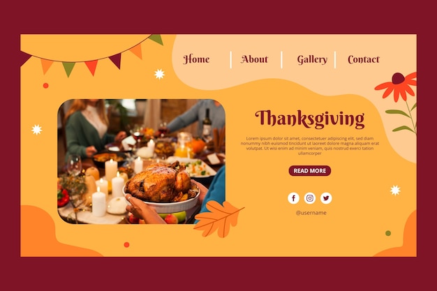 Free vector flat landing page template for thanksgiving with bunting and flowers