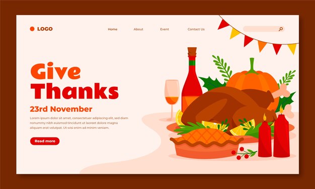 Flat landing page template for thanksgiving with food