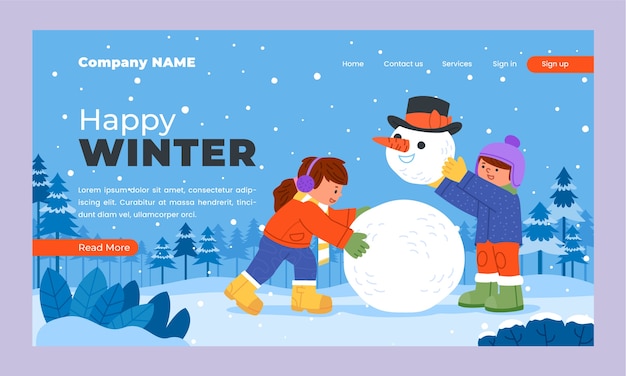 Плоский шаблон целевой страницы для зимнего сезона с детьми, строящими снеговика