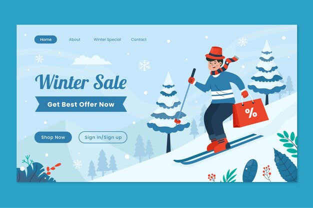 Flat landing page template for winter season with man skiing