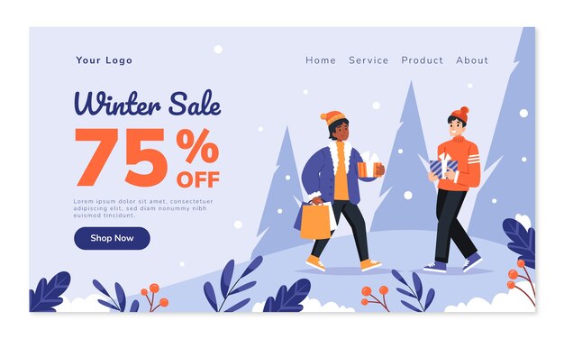 Flat landing page template for winter season with people holding gifts