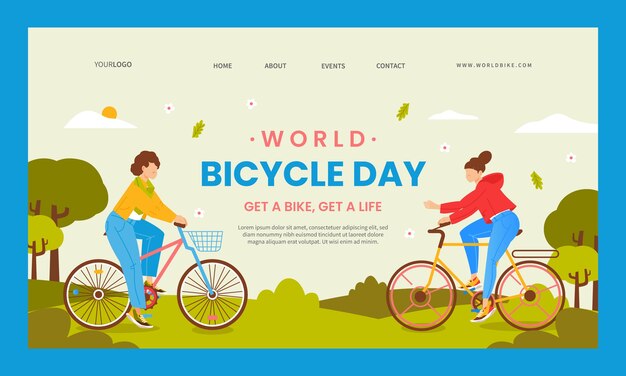 Flat landing page template for world bicycle day celebration