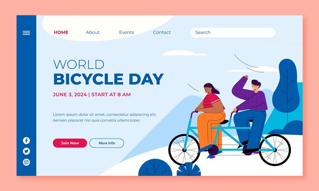 Flat landing page template for world bicycle day celebration