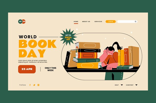 Flat landing page template for world book day celebration