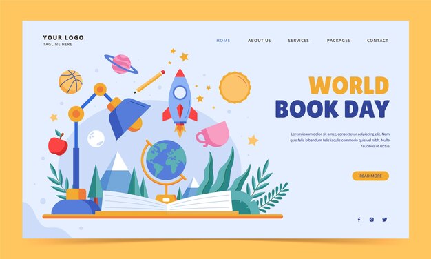 Flat landing page template for world book day celebration