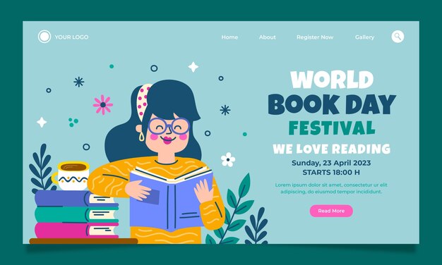 Flat landing page template for world book day celebration