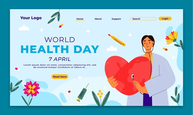 세계 보건의 날 축하를 위한 플랫 랜딩 페이지 템플릿