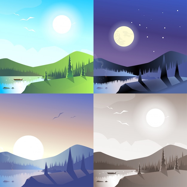 Flat landscape hilly mountains wild forest lake boat scene set. stylish web banner nature outdoor collection. daylight, night moonlight, sunset view, retro vintage picture sepia.