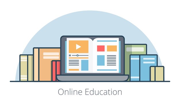 Flat laptop with book on screen  illustration. Online education course and knowledge concept.