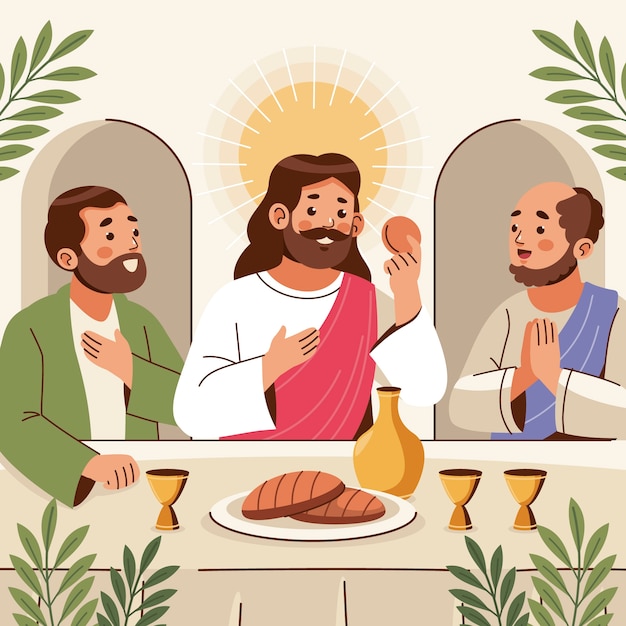 Vettore gratuito illustrazione piatta dell'ultima cena per la celebrazione della pasqua