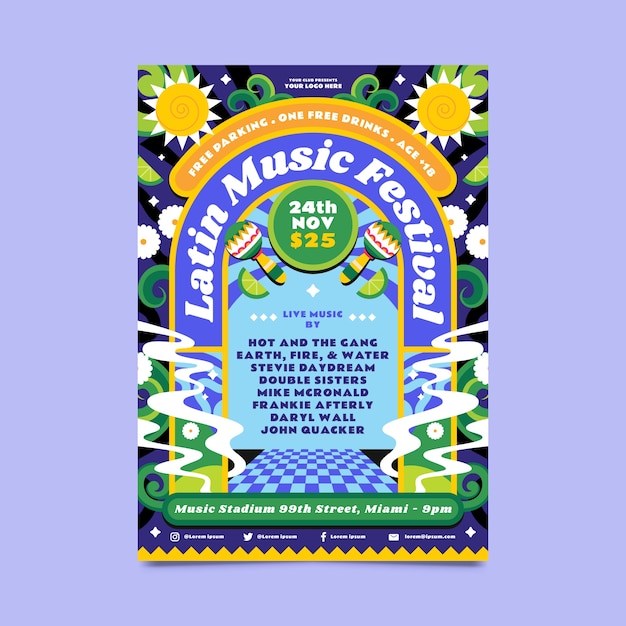 Vettore gratuito modello di poster del festival di musica latina piatta