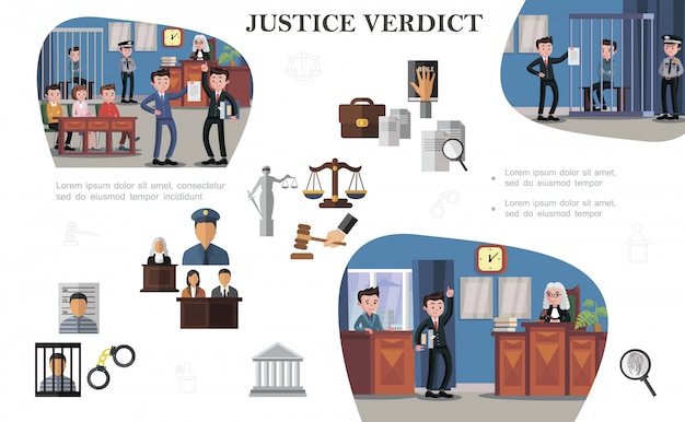 平らな法律システムの要素と文書の構成正義のスケール小槌囚人警察官裁判官弁護士法廷審問でのさまざまな状況