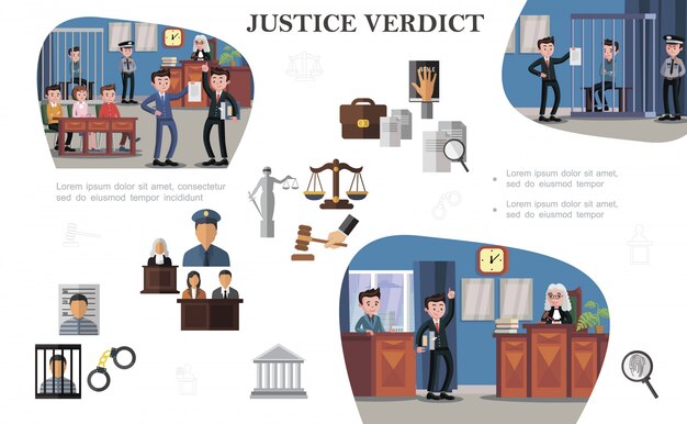 Flat law system elements composition with documents justice scales gavel prisoner police officer judge lawyers different situations at court hearings